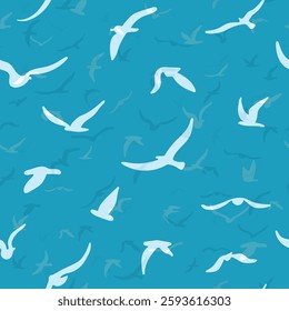 Flock of flying silhouette birds. Birds seamless pattern. White seagulls on a blue background. Vector illustration.