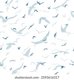 Flock of flying silhouette birds. Birds seamless pattern. White seagulls on a blue background. Vector illustration.