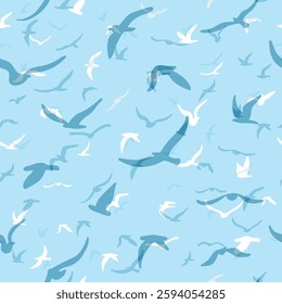 Flock of flying silhouette birds. Birds seamless pattern. White seagulls on a blue background. Vector illustration.