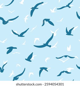 Flock of flying silhouette birds. Birds seamless pattern. White seagulls on a blue background. Vector illustration.