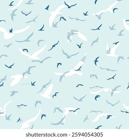 Flock of flying silhouette birds. Birds seamless pattern. White seagulls on a blue background. Vector illustration.