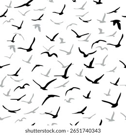 Rebanho de aves de silhueta voadora. Pássaros padrão sem emenda. Gaivotas brancas sobre um fundo azul. Ilustração vetorial.