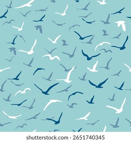 Rebanho de aves de silhueta voadora. Pássaros padrão sem emenda. Gaivotas brancas sobre um fundo azul. Ilustração vetorial.