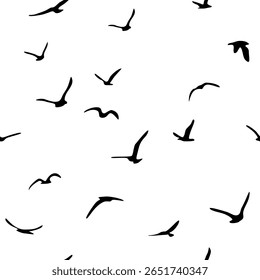 Rebanho de aves de silhueta voadora. Pássaros padrão sem emenda. Gaivotas brancas sobre um fundo azul. Ilustração vetorial.