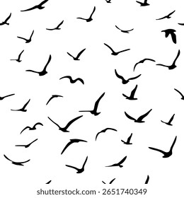 Rebanho de aves de silhueta voadora. Pássaros padrão sem emenda. Gaivotas brancas sobre um fundo azul. Ilustração vetorial.