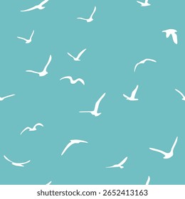 Rebanho de aves de silhueta voadora. Pássaros padrão sem emenda. Gaivotas brancas sobre um fundo azul. Ilustração vetorial.