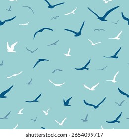 Flock of flying silhouette birds. Birds seamless pattern. White seagulls on a blue background. Vector illustration.