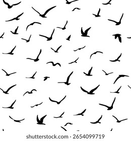 Flock of flying silhouette birds. Birds seamless pattern. White seagulls on a blue background. Vector illustration.