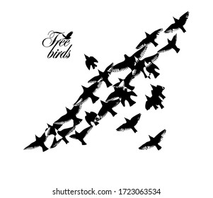 A flock of flying silhouette birds. Vector illustration