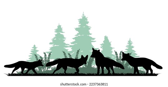 Flock of foxes at edge of coniferous forest. Animal silhouette. Wild life picture. Isolated on white background. Vector.