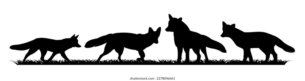 Flock of foxes on grass. Animal silhouette. Wild life picture. Isolated on white background. Vector.
