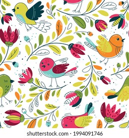 Flock of funny birds and flower - Seamless pattern. Vector Loop pattern for fabric, textile, wallpaper, posters, gift wrapping paper, napkins, tablecloths. Print for kids, children. Children's pattern