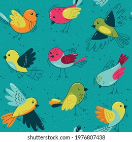 Flock of funny birds  - Seamless pattern. Vector Loop pattern for fabric, textile, wallpaper, posters, gift wrapping paper, napkins, tablecloths. Print for kids, children. Children's pattern
