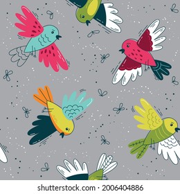Flock of funny birds  - Seamless pattern. Vector Loop pattern for fabric, textile, wallpaper, posters, gift wrapping paper, napkins, tablecloths. Print for kids, children. Children's pattern