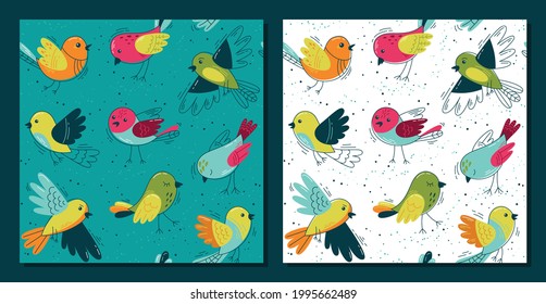 Flock of funny birds  - set of Seamless patterns. Vector Loop pattern for fabric, textile, wallpaper, posters, gift wrapping paper, napkins, tablecloths. Print for kids, children. Children's pattern