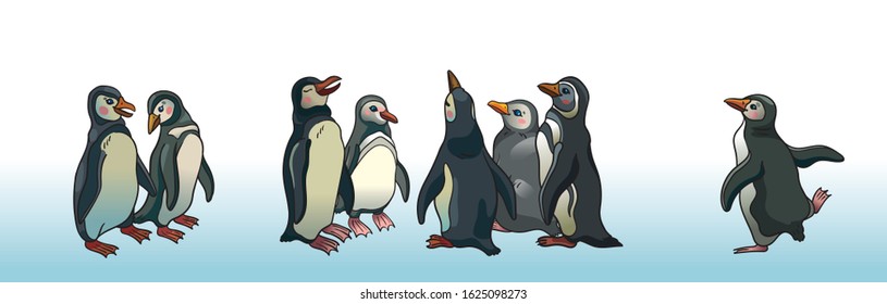 The flock of funny chatting penguins on a white background. Group of cartoon Magellanic penguins. Vector illustration.