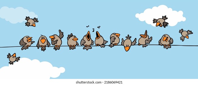 Flock of funny crazy sparrows with humor and a smile sit on wires and fly across the sky with clouds