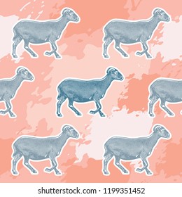 Flock of goats - vector seamless pattern. Background of a farm animals herd. Graphic illustration in pastel colors is a sample of design element and pattern for wallpaper or fabric.