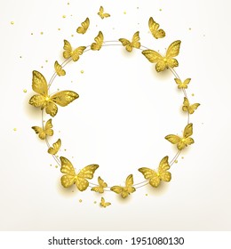 flock of golden butterflies flying in a circle on a light background