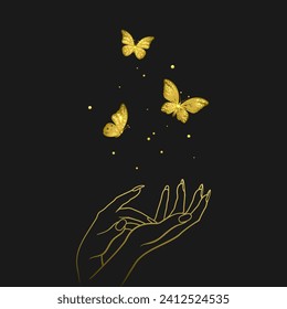 flock of golden butterflies released from female golden hands on a black background