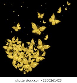 a flock of golden decorative butterflies formed a heart shape on a black background