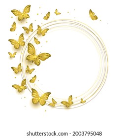 flock of golden flying butterflies on a white background