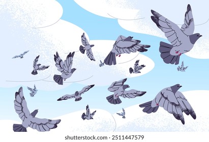 Flock of gray pigeon flies in the spring sky among clouds. Cluster of grey dove soaring in the air. Group of urban birds, feathered animals flapping with wings during flight. Flat vector illustration