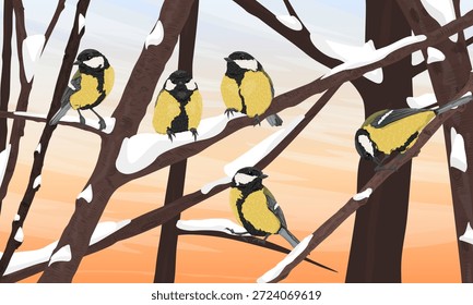 Una bandada de grandes tetas posada sobre ramas de árboles cubiertas de nieve al atardecer. Vida de pájaro cantor en invierno. Paisaje de Vector realista.
