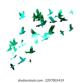 A flock of green watercolor flying birds. Vector illustration