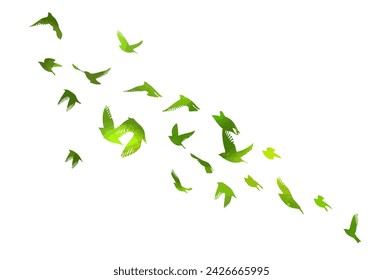 A flock of green watercolor flying birds. Free birds abstraction. hand drawing. Not AI. Vector illustration