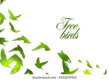 A flock of green watercolor flying birds. Free birds abstraction. hand drawing. Not AI. Vector illustration