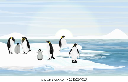 A flock imperial penguins with chicks. Ocean coast with ice and snow. Birds of the Antarctic. Realistic Vector Landscape