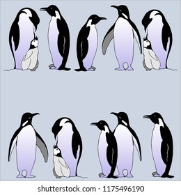 A flock of Imperial penguins on a blue background, realistic vector images.