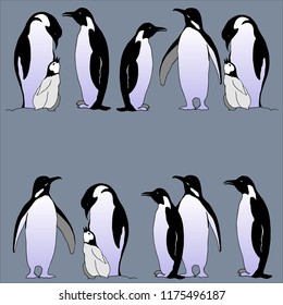 A flock of Imperial penguins on a gray background, realistic vector images.