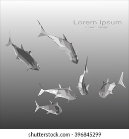 A flock of low poly marine fish in shades of gray on a gradient background.