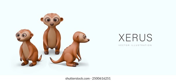 Flock of meerkats in 3D cartoon style. Funny little rodents. Vector wild animal