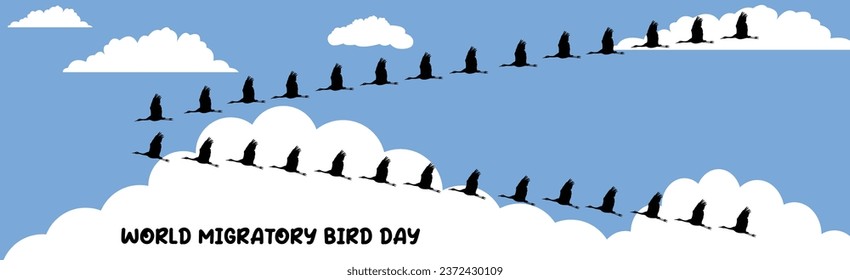  A flock of migrating birds on a blue sky with clouds. World Migratory Birds Day banner design.