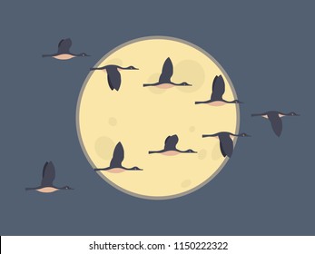 Flock of migrating geese flying. Migratory birds concept. Night sky background with moon. Vector illustration.