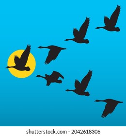 Flock Of Migrating Geese Flying In Vee Formation.
Vector Illustration Of Birds Following Their Leader. Leading Bird Is Highlighted Against Moon Or Sun. Leadership Concept For Business Applications.