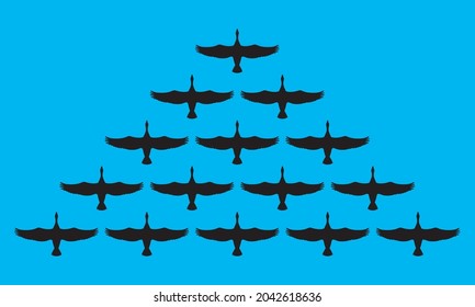 Flock of migrating geese flying in vee formation. Vector illustration of birds following their leader. Great for nature or business leadership concepts.