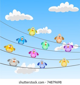 flock of multicolor birds sitting on wires