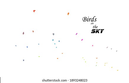 A flock of multicolored birds. Mixed media. Vector illustration