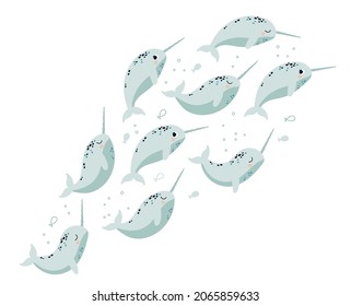 A flock of narwhals on an isolated background. Vector illustration with Arctic whales