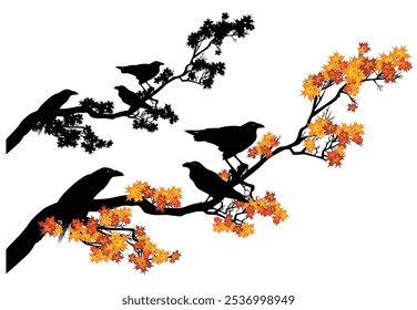 flock of ominous raven birds sitting on autumn colored maple tree branch - bright seasonal foliage and black and white vector halloween silhouette design set