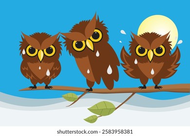 A flock of owls perched on a tree branch against a blue sky background