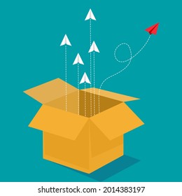  La bandada de aviones de papel salió volando de la caja. fuera del concepto de caja. vector