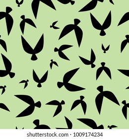 Flock Pattern. Seamless Pattern of Birds in Ethnic Style. Flocked Wallpaper. Flock Pattern for Textiles, Banner, Pouring, Surface Textures, Wrapping Paper, Tile. Vector Abstract Seamless Pattern.