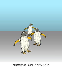 A flock of penguin migrating into the horizon. Vector illustration.