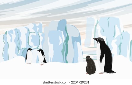 A flock of Adélie penguins on the ocean near a large glacier. Birds of the South Poles. Realistic vector landscape