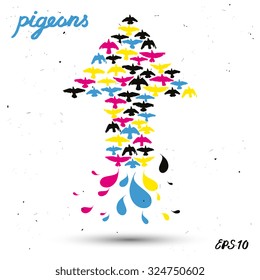 Flock of pigeons flying in an arrow. Teamwork concept in cyan, magenta, yellow and black. Grunge effect is on a separate layer